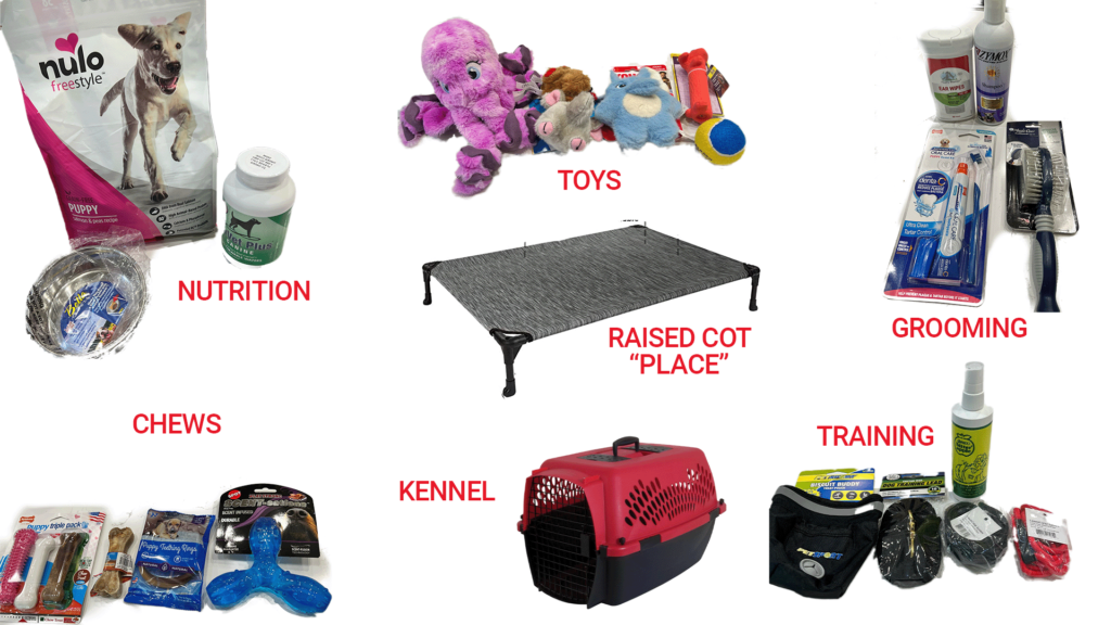 Images of Puppy care products included in the two week training program, product categories include Nutrition, Toys, Raised Cot "Place" Grooming, Training, Chews, and Kennel.